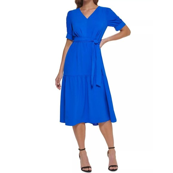 NWT, DKNY Blue Short Sleeve Tiered Midi Dress Size 4 With Belt - Picture 3 of 8